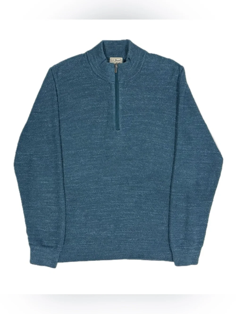 LL Bean 100% organic cotton cyan blue quarter zip knit sweater mens large‎